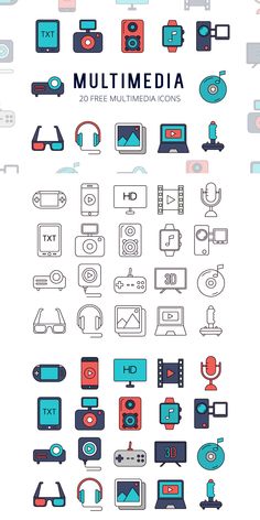 a large set of flat line icons with different colors and shapes, including the words multimedia