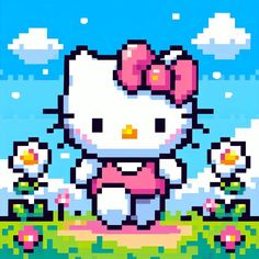 an image of a hello kitty in the grass with flowers on it's head