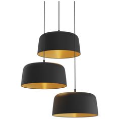 two black lamps hanging from the ceiling with gold trimmings, one light is on and