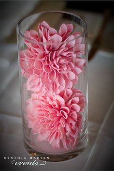 three pink flowers in a glass vase on a table