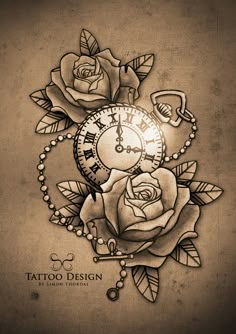 a clock and roses tattoo design on the back of a woman's shoulder,