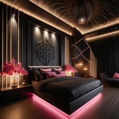 a bedroom with black walls and pink lights on the ceiling, along with a large bed