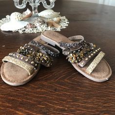 Azura: Brown And Gold Sequened Sandals Size 6.5 Never Worn Glitter, Sequins And Stones Decorate The Straps Cushion Sole Adjustable Glitter Casual Sandals, Casual Adjustable Glitter Sandals, Spring Synthetic Sandals With Glitter Accents, Spring Sandals With Glitter Accents, Casual Flat Glitter Sandals, Casual Glitter Sandals For Spring, Casual Embellished Flat Heel Sandals, Casual Flat Embellished Sandals, Casual Embellished Flat Sandals