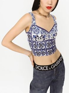 Majolica-print bustier cropped top from DOLCE & GABBANA featuring navy blue, blue, white, stretch-silk, Majolica print, V-neck, thin shoulder straps, exposed rear zip fastening and cropped. | Dolce & Gabbana Majolica-print bustier cropped top Majolica Print, Top Bustier, Print Crop Tops, Silk Crepe, Cropped Top, Corset Top, Fashion Clothes Women, Sleeveless Top, Fashion Branding