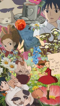 an image of anime characters surrounded by flowers and other things that are in the background