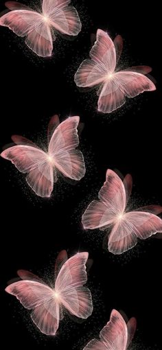 four pink butterflies flying in the air with bubbles coming out of their wings and on top of each other