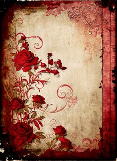 an old paper with red roses and swirls on the edges, in front of a grungy background