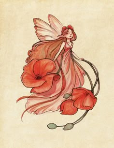 a drawing of a fairy with red flowers