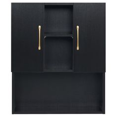 a black cabinet with two gold handles on the front and bottom, against a white background