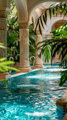 an indoor swimming pool surrounded by columns and greenery with blue water in the middle