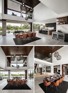 the dining room and kitchen are separated by an open floor plan, which also has large windows