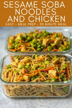 two glass casserole dishes filled with sesame sobbi noodles and chicken, ready to be eaten