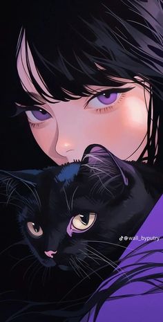 a girl holding a black cat in her arms and looking at the camera with blue eyes