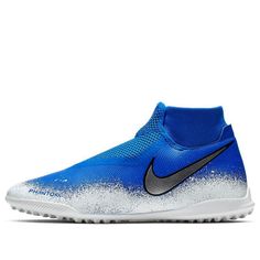 the nike superflyt boot in blue and white is shown from the side view