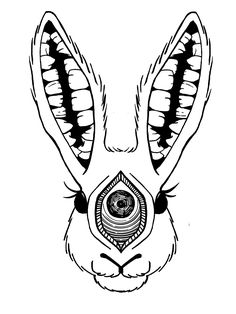 a black and white drawing of a rabbit's face with an eye in the center