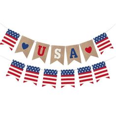 an american flag bunting banner with the word usa written on it and hearts in red, white and blue