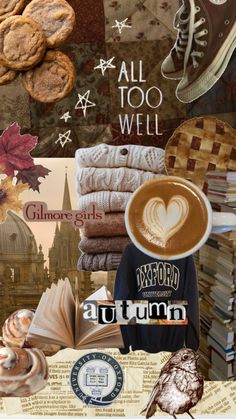 a collage with coffee, cookies and other items on top of the collage