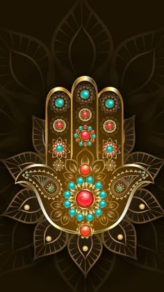 a gold hamsa with jewels on it and leaves around the palm, in front of a black background