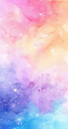 an abstract painting with stars and clouds in pastel colors on a blue, pink, yellow and purple background