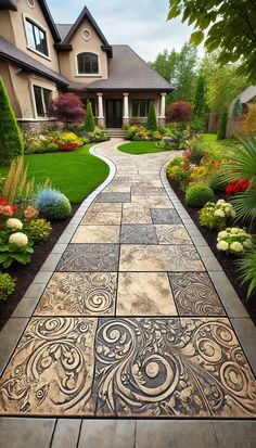 Porch Walkway Ideas, Front Porch Walkway Ideas, Front Porch Walkway, Front Walkway Ideas, Front Entrance Ideas, Old Mansions Interior, Porch Walkway, Tall Ornamental Grasses, Paving Ideas