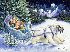 a white dog pulling a sleigh filled with children in it's back