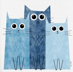 three blue cats with big eyes are standing side by side in front of each other