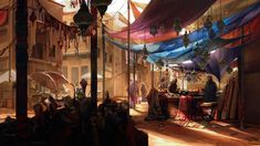 an artistic painting of people shopping in a market place with umbrellas and lights hanging from the ceiling