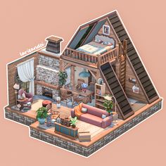 an image of a living room in the shape of a house with stairs and furniture