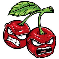 two cherries with angry faces and green leaves on the top, one is red