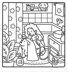 a black and white image of a woman washing her dog in the kitchen coloring page