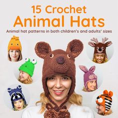 a woman wearing a knitted animal hat in front of an advertisement for children's hats