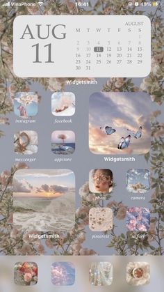 an image of the calendar for august 2011 with flowers and butterflies on it's cover