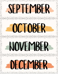 three months of the year with different font styles and colors on each one, including orange, yellow, green, blue, and black