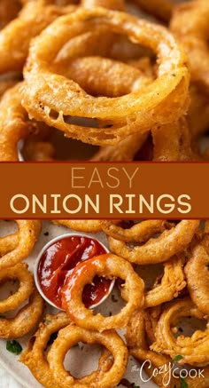 onion rings on a plate with ketchup and mustard in the background text overlay says easy onion rings