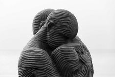 an abstract sculpture is shown in black and white, with the image of two people hugging each other