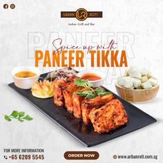 an advertisement for paneer tikka with various food items