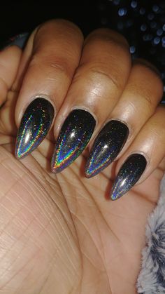 Black Iridescent Nail Designs, Black Chrome Nails With Glitter, Black Nails With Holographic Glitter, Black Rainbow Chrome Nails, Dark Holographic Nails, Black And Holographic Nails, Black With Chrome Nails, Black Chrome Nails Almond, Black Fade Nails