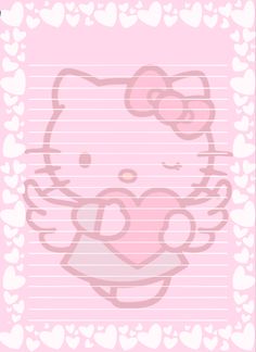 a pink hello kitty lined paper with hearts on the bottom and an image of a cat's face