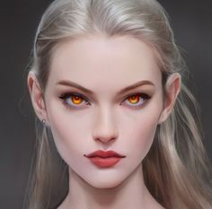 a woman with blonde hair and orange eyes is shown in this digital painting style photo