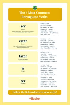 the 5 most common portuguese verbs info sheet for kids and adults to use in their classroom