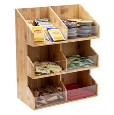 a wooden shelf filled with lots of different items