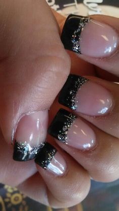 Black French  tip  with glitter Nails Black French, Nails Acrylic Designs, Ongles Gel French, Glitter French Tips, French Pedicure, Nail Tip Designs, French Manicures, Best Nails, Halloween Acrylic Nails