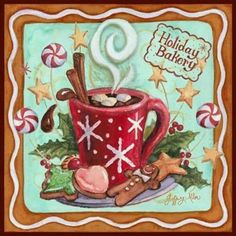 a painting of a cup of hot chocolate with cinnamons and other holiday items on it