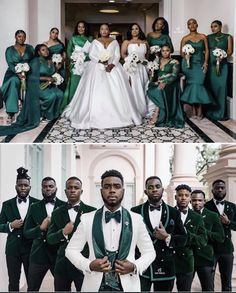 the bride and groom are posing for pictures with their bridal party in green outfits