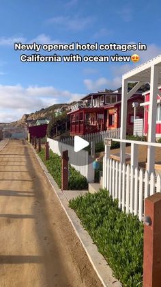 an image of a street with houses in the background and text that reads, new opened hotel cottages in california with ocean view