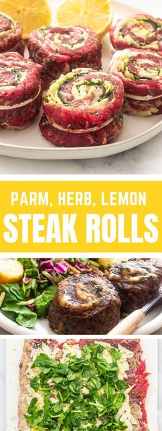 the recipe for steak rolls is shown in three different pictures