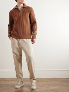 DESIGNED BY MR PORTER. A commitment to impeccable fabrics ensures Mr P.'s dependable wardrobe essentials boast longevity. This half-zip sweater is knitted from soft merino wool using a neat ribbed stitch. The brown tone will complement dark tailoring and indigo denim nicely. Half Zip Sweater Outfit, Zip Sweater Outfit, Mens Inspo, Gents Sweater, Quarter Zip Men, Mr P, Brown Tone, Designer Knitwear