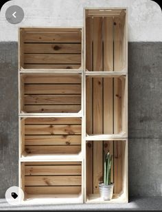 a wooden shelf sitting on the side of a wall next to a potted plant