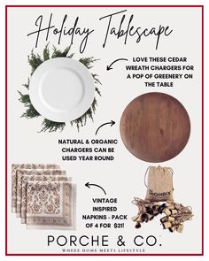 holiday tablescape with white plates and napkins