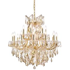 a gold chandelier with crystal drops hanging from it's center and chain